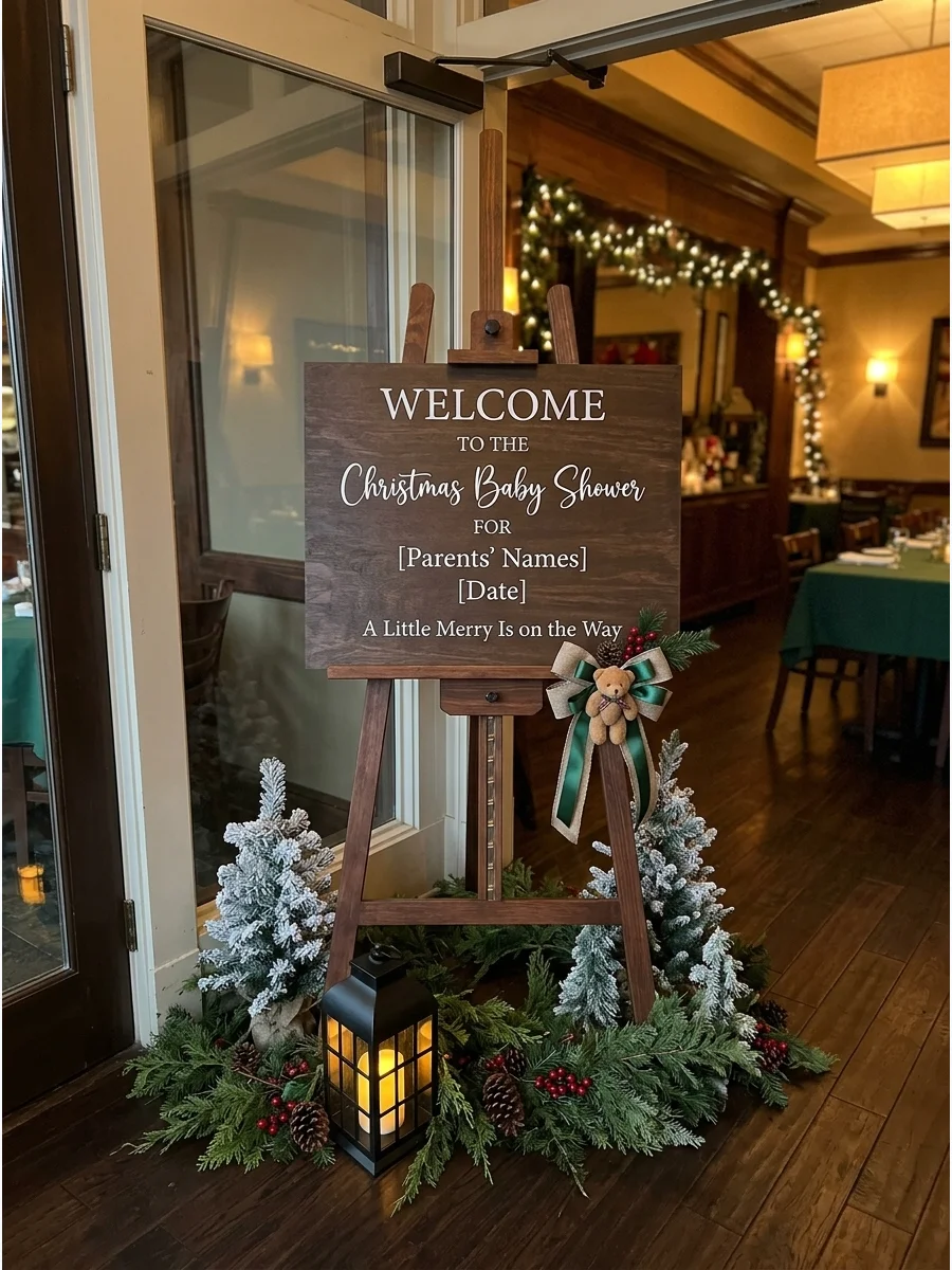 A holiday-themed welcome sign on an easel with greenery.