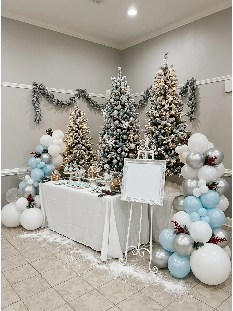 A winter wonderland themed baby shower with flocked trees and silver decor.