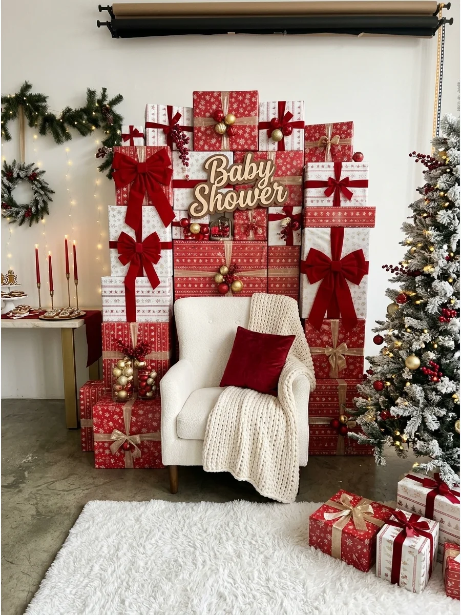 Large stack of wrapped gift boxes used as a photo backdrop for a baby shower.