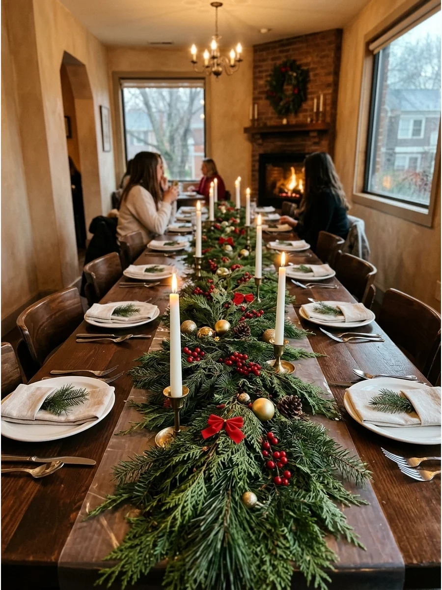 Long dining table with a thick evergreen runner and gold holiday accents.