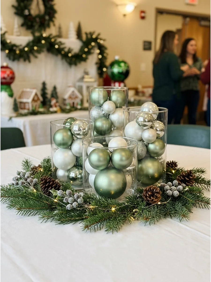 Glass bowls filled with green and silver Christmas ornaments on a white tablecloth.