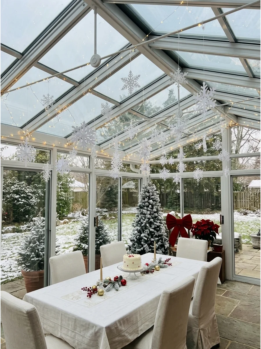 White paper snowflakes hanging from the ceiling of a bright sunroom.