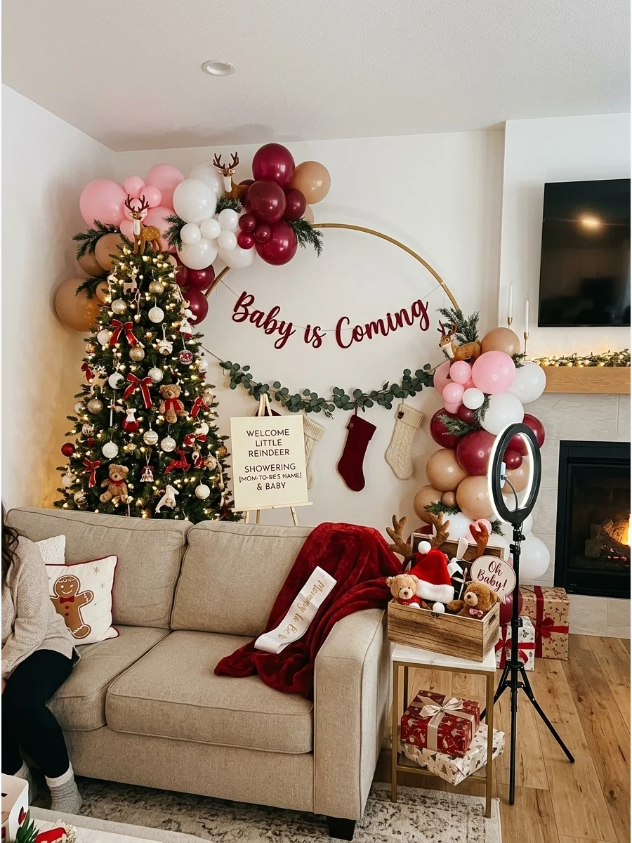 Photo booth area with a decorated tree and a baby shower banner.