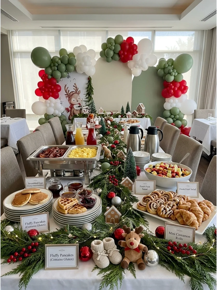 Brunch buffet with holiday pastries and fresh fruit on silver platters.