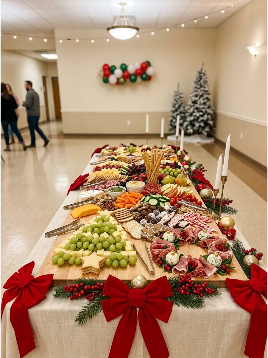 Charcuterie board arranged in the shape of a Christmas tree with rosemary accents.