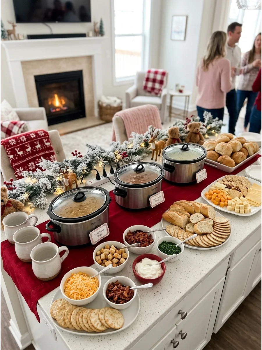 Soup bar station with slow cookers and various toppings on a festive runner.