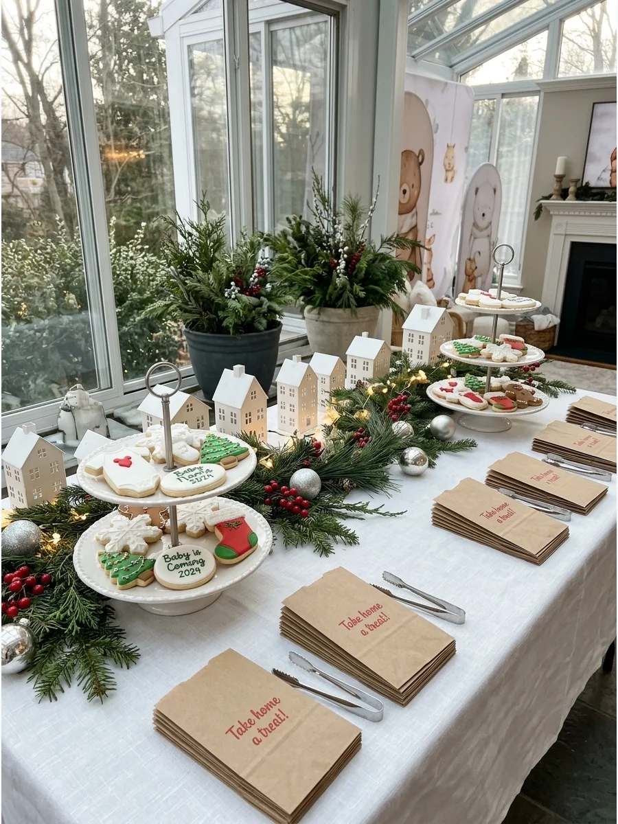 Dessert table featuring tiered trays of holiday and baby-themed cookies.