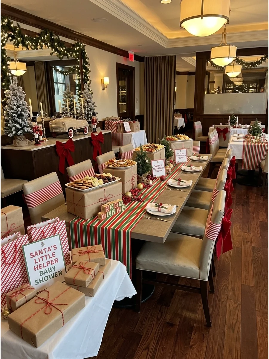 A restaurant dining room decorated with a Santa's helper theme and wooden toys.