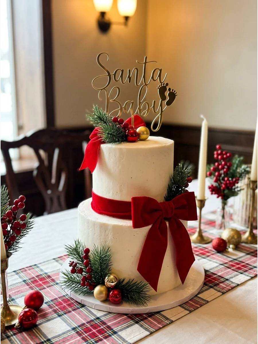 Two-tier white baby shower cake with red bows and a festive topper.