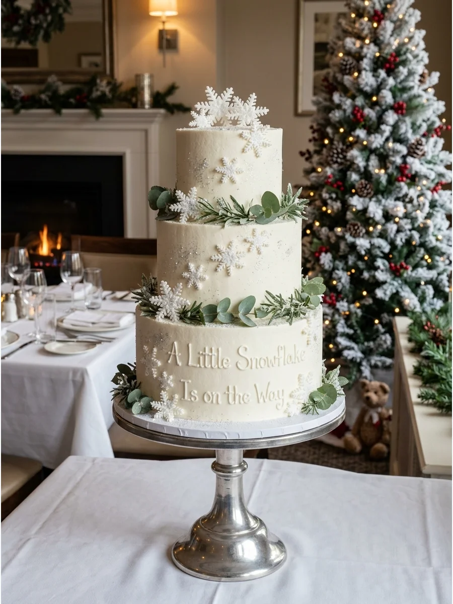 A white baby shower cake with silver snowflakes and green leaves.