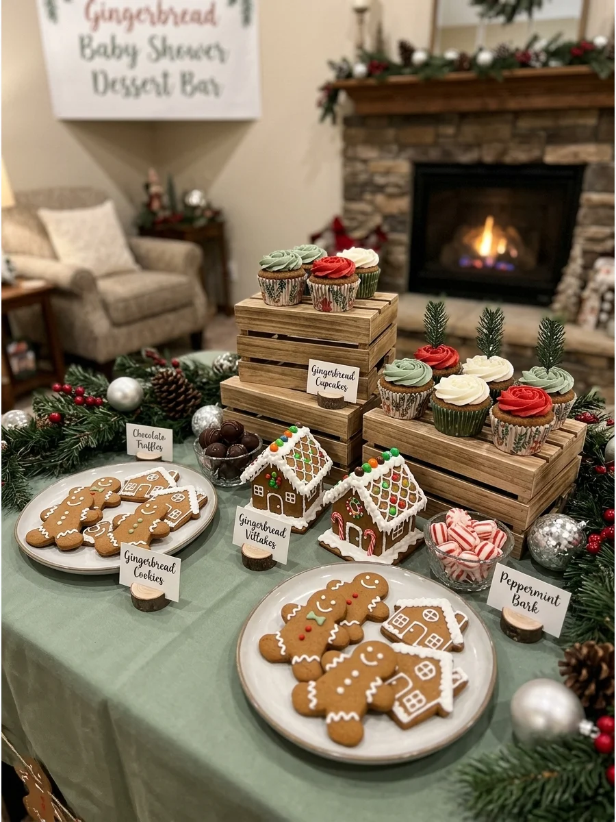 A dessert table filled with gingerbread treats and candy houses.