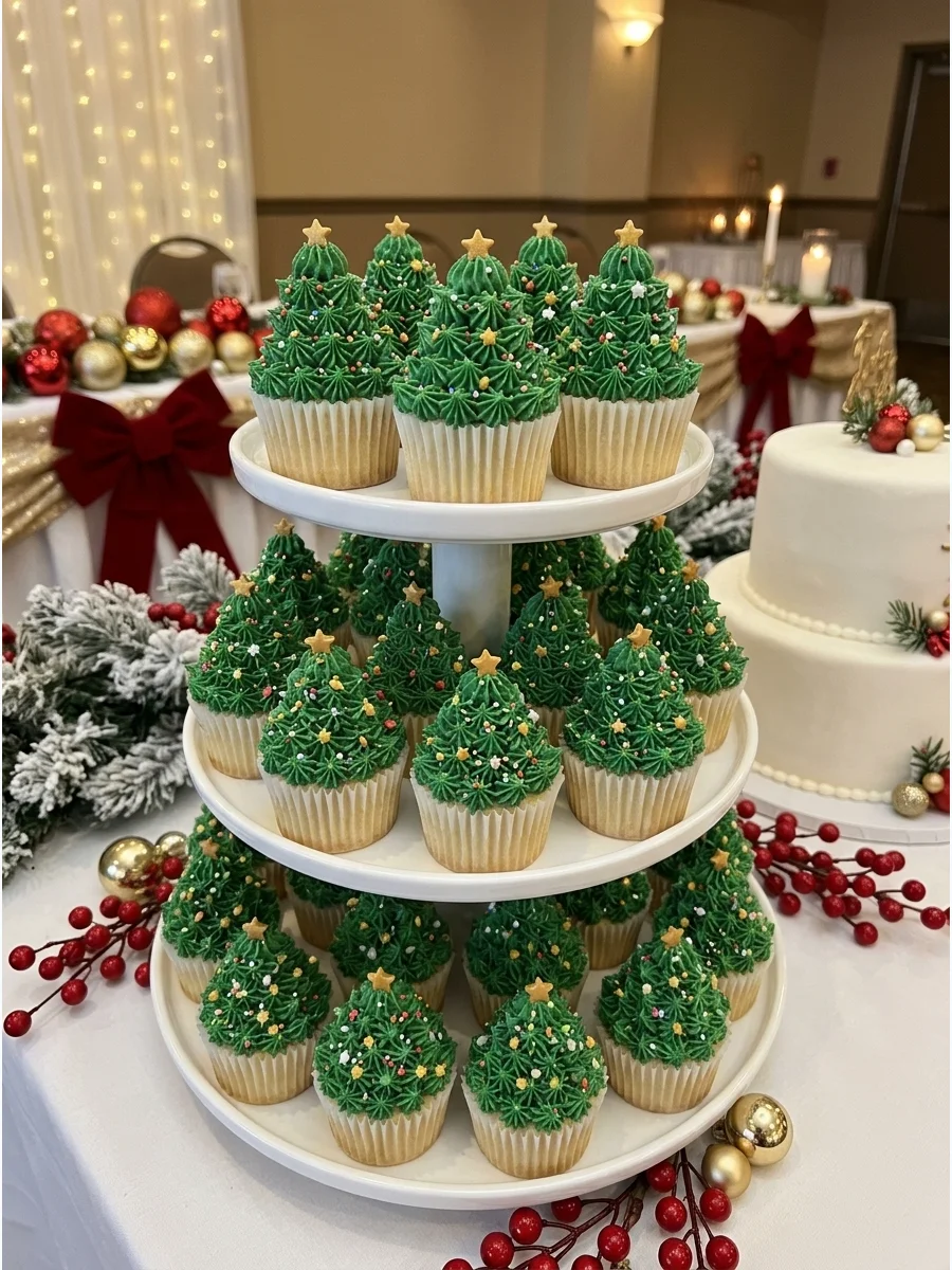 Cupcakes decorated like small green Christmas trees with gold stars.