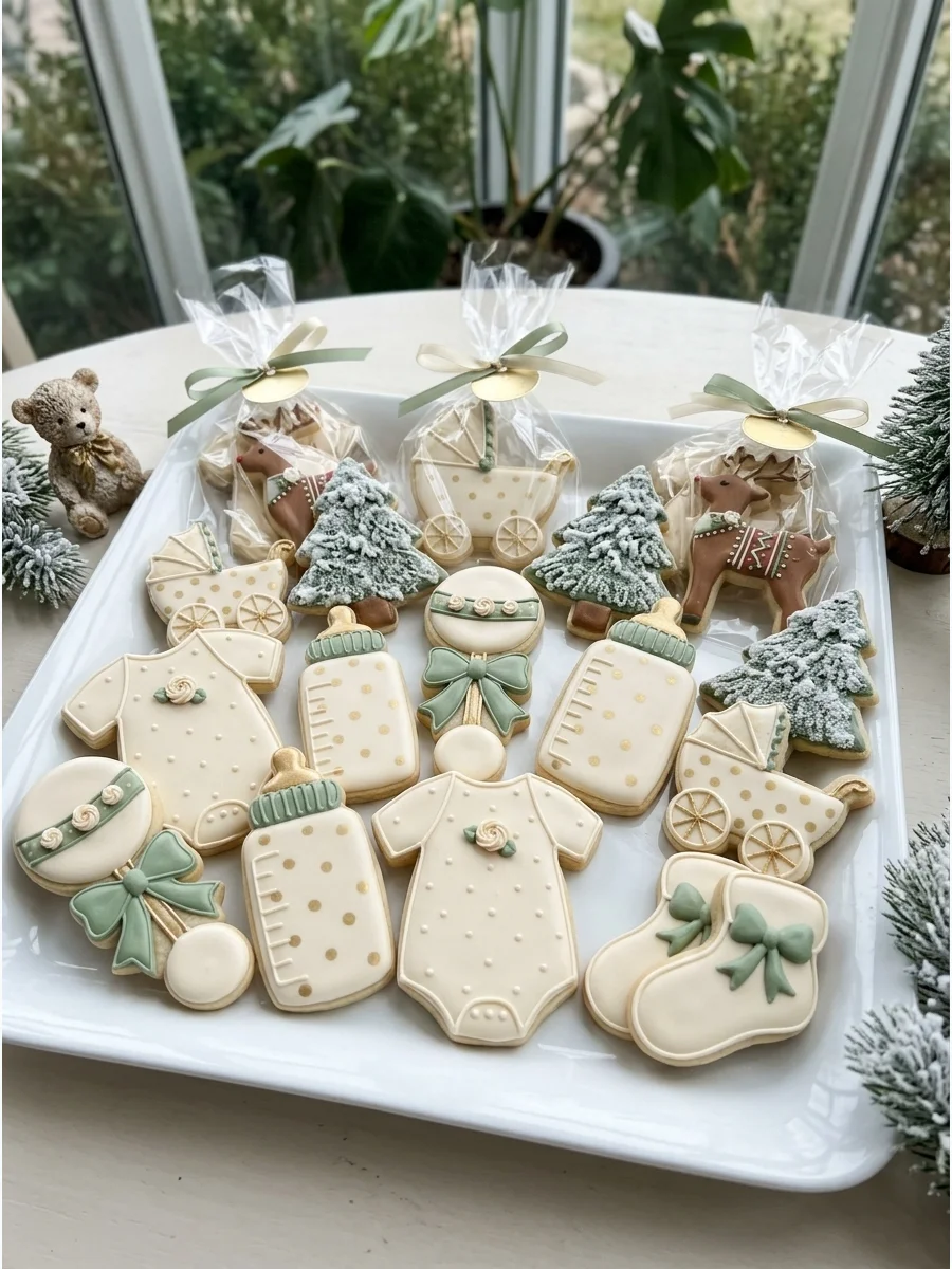 Iced sugar cookies in the shape of baby clothes and holiday characters.