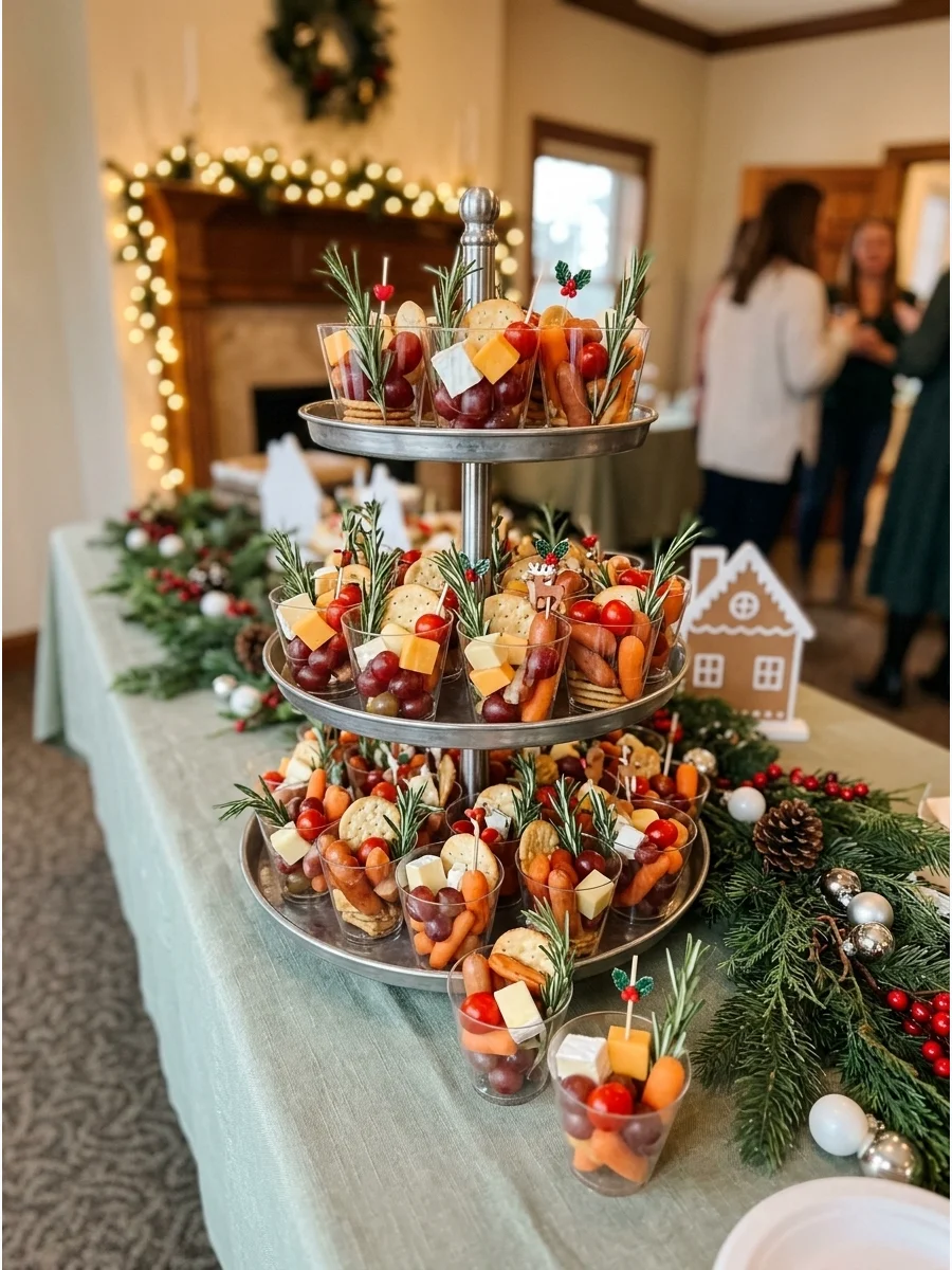 Small individual appetizer cups with cheese and rosemary garnishes.