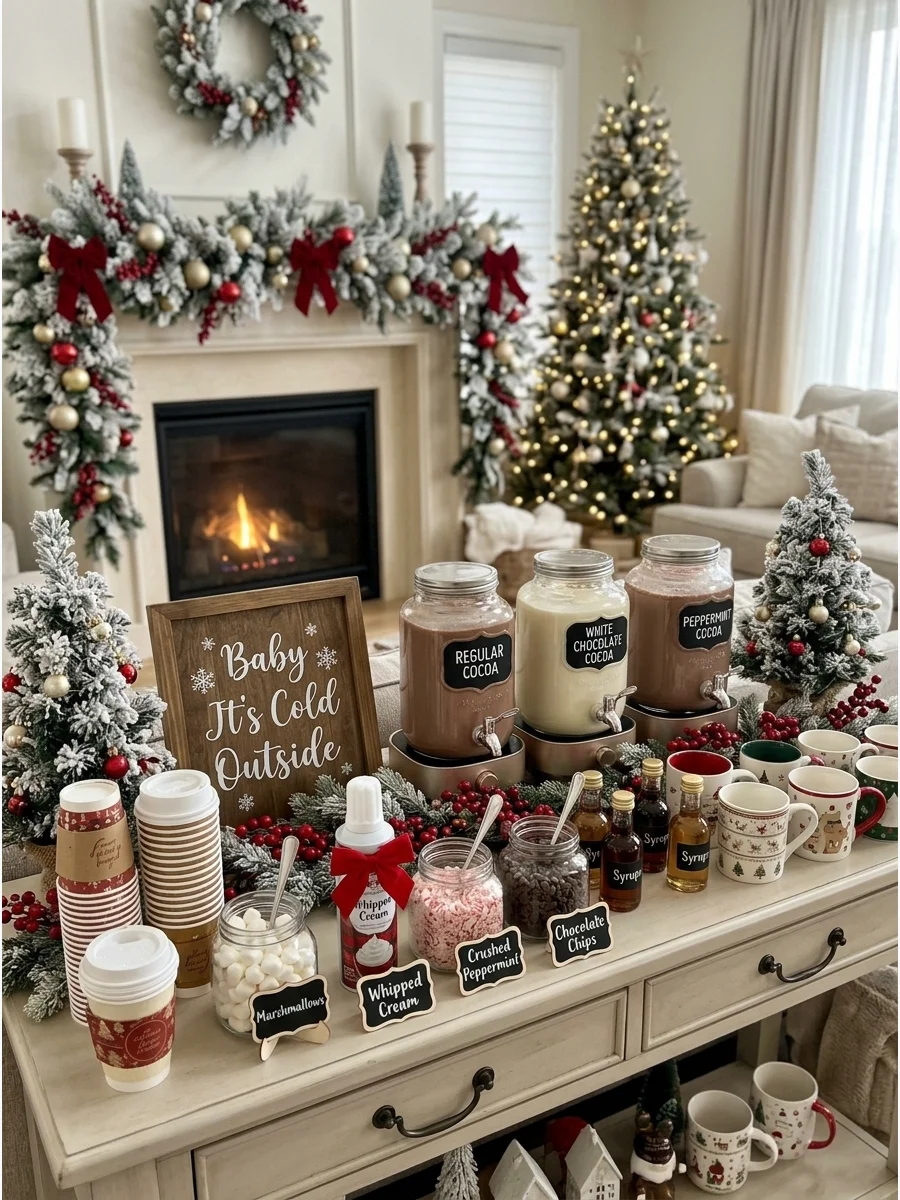 A hot chocolate station with jars of toppings and festive mugs.