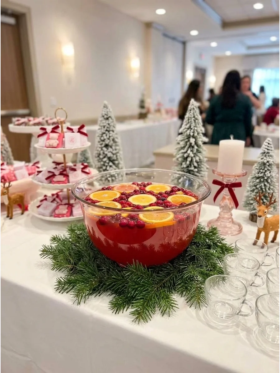 A large bowl of red holiday punch with floating fruit slices.