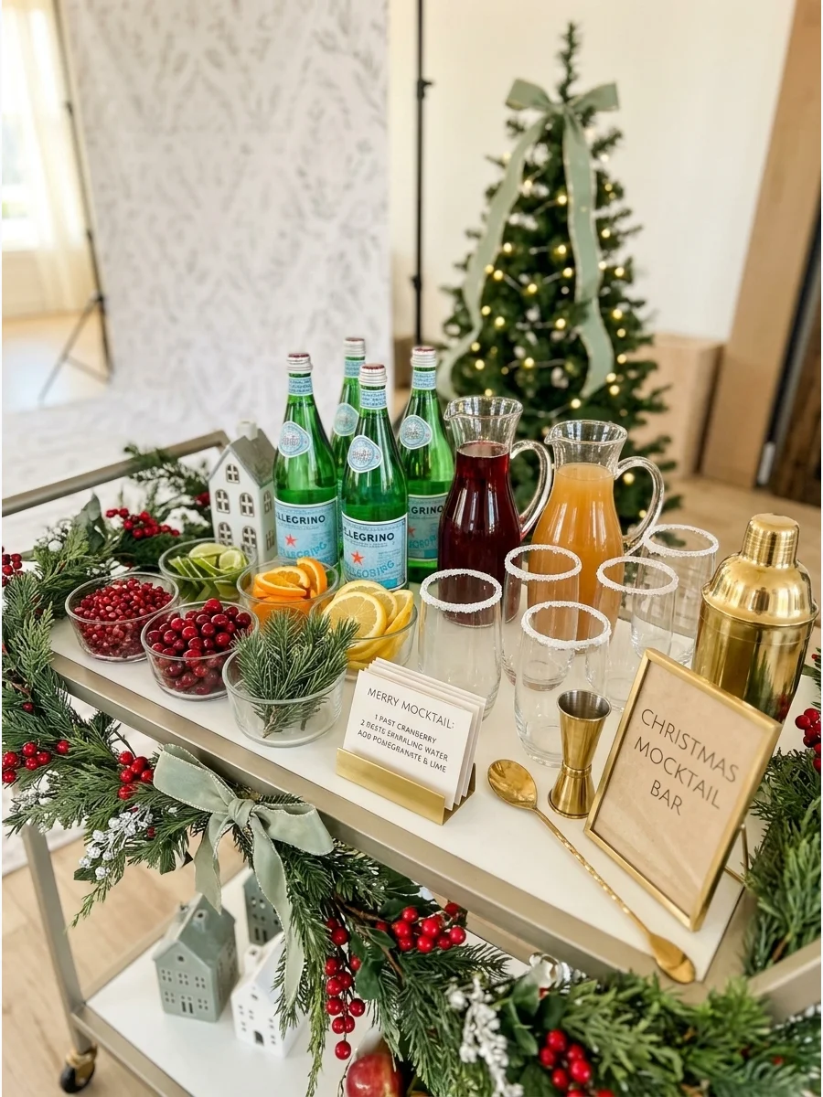 A stylish mocktail bar with juices and garnishes on a gold cart.