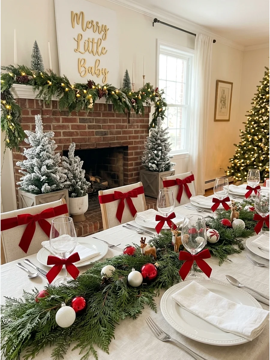 A simple and elegant baby shower setup with greenery and red bows.