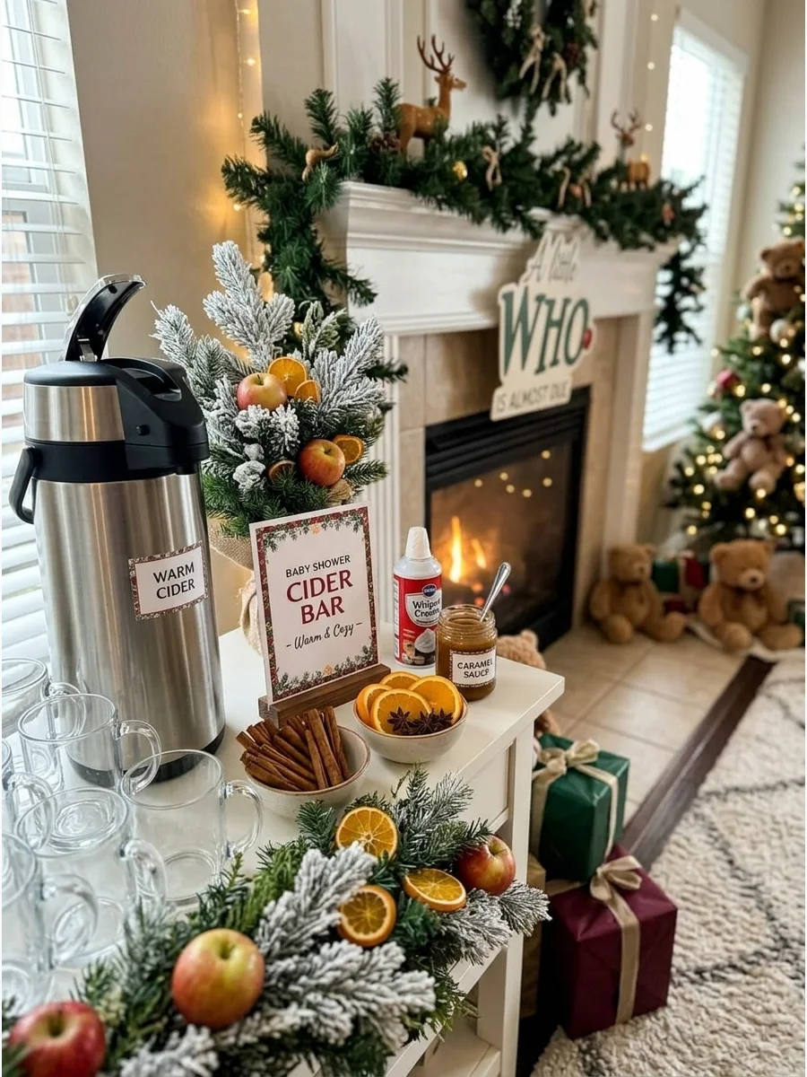A warm apple cider station with cinnamon sticks and glass mugs.
