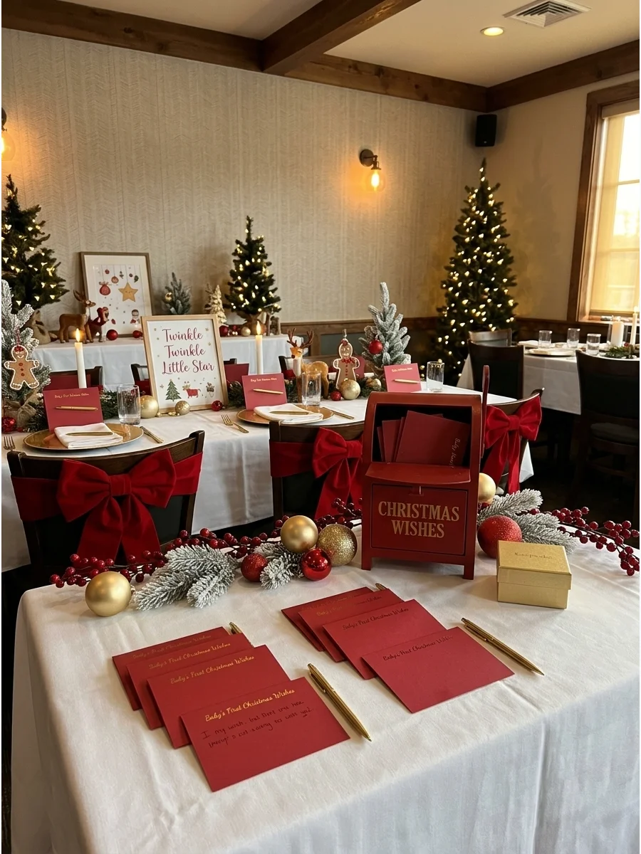 Holiday wish cards and pens arranged on a formal restaurant table.