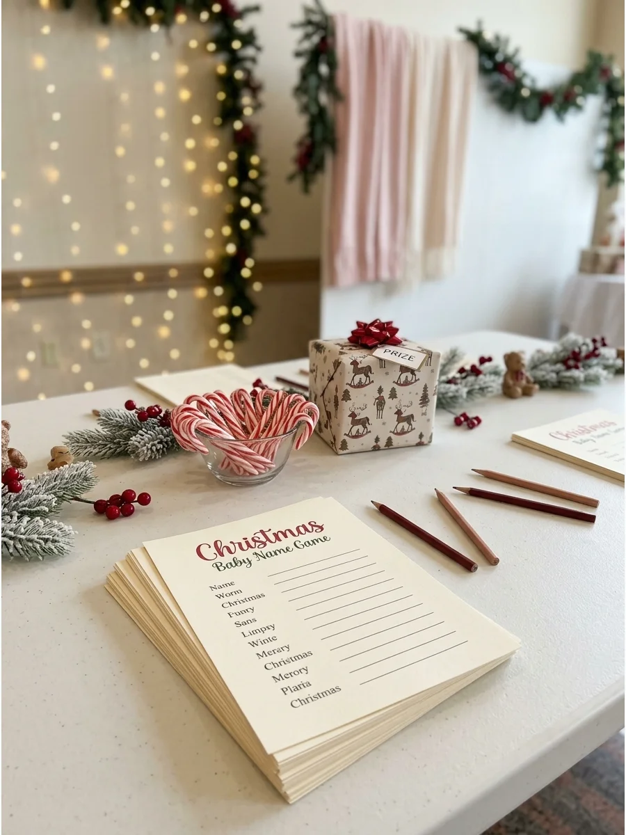 Baby shower game sheets and candy canes on a banquet table.