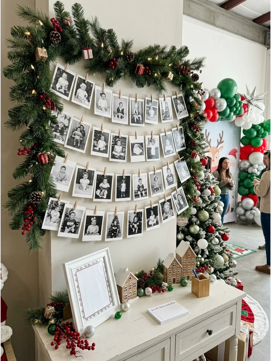 Black and white baby photos clipped to an evergreen garland.