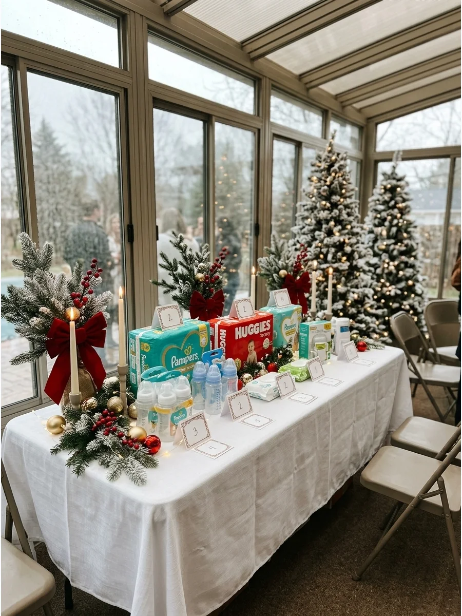 Baby supplies with festive bows displayed for a guessing game.