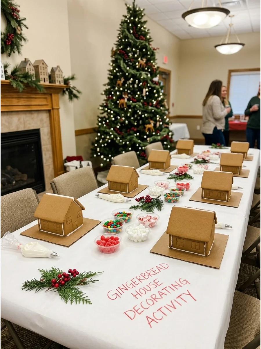 A long table with gingerbread houses and decorating supplies.