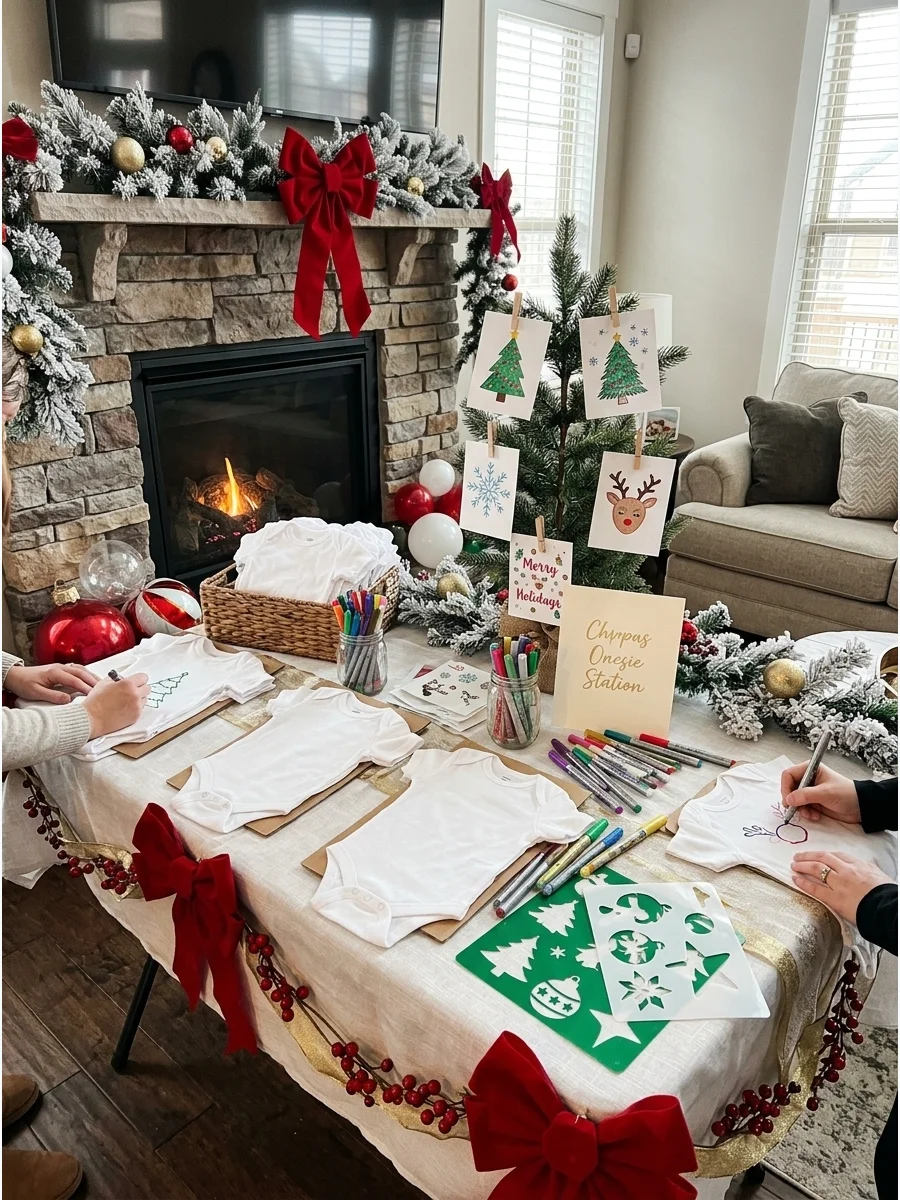 A basket of baby onesies and fabric markers on a cozy living room table.