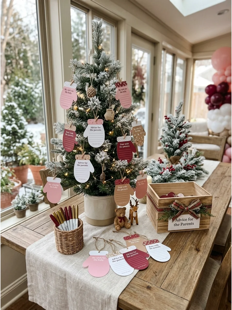 Mitten-shaped advice cards hanging from a small Christmas tree.