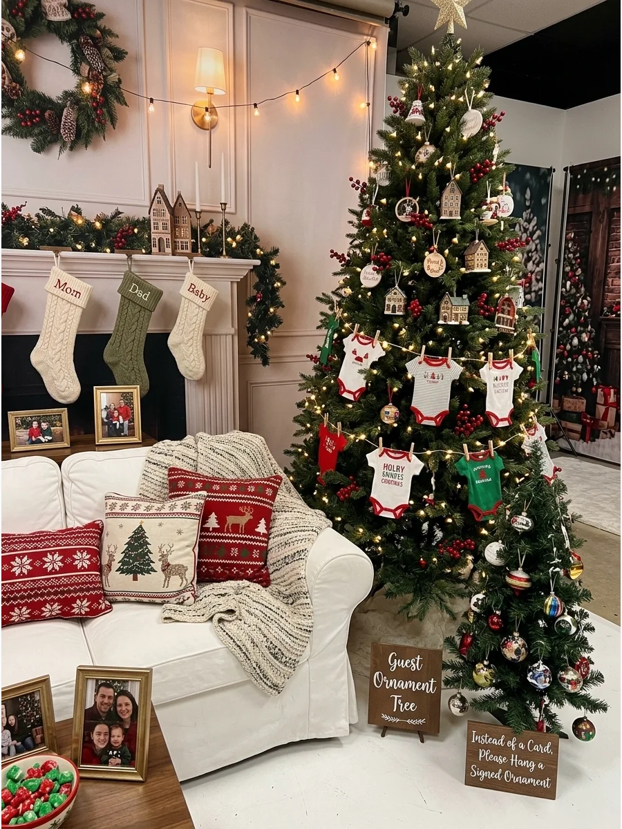 A sentimental baby shower setup in a photo studio with baby clothes on a tree.