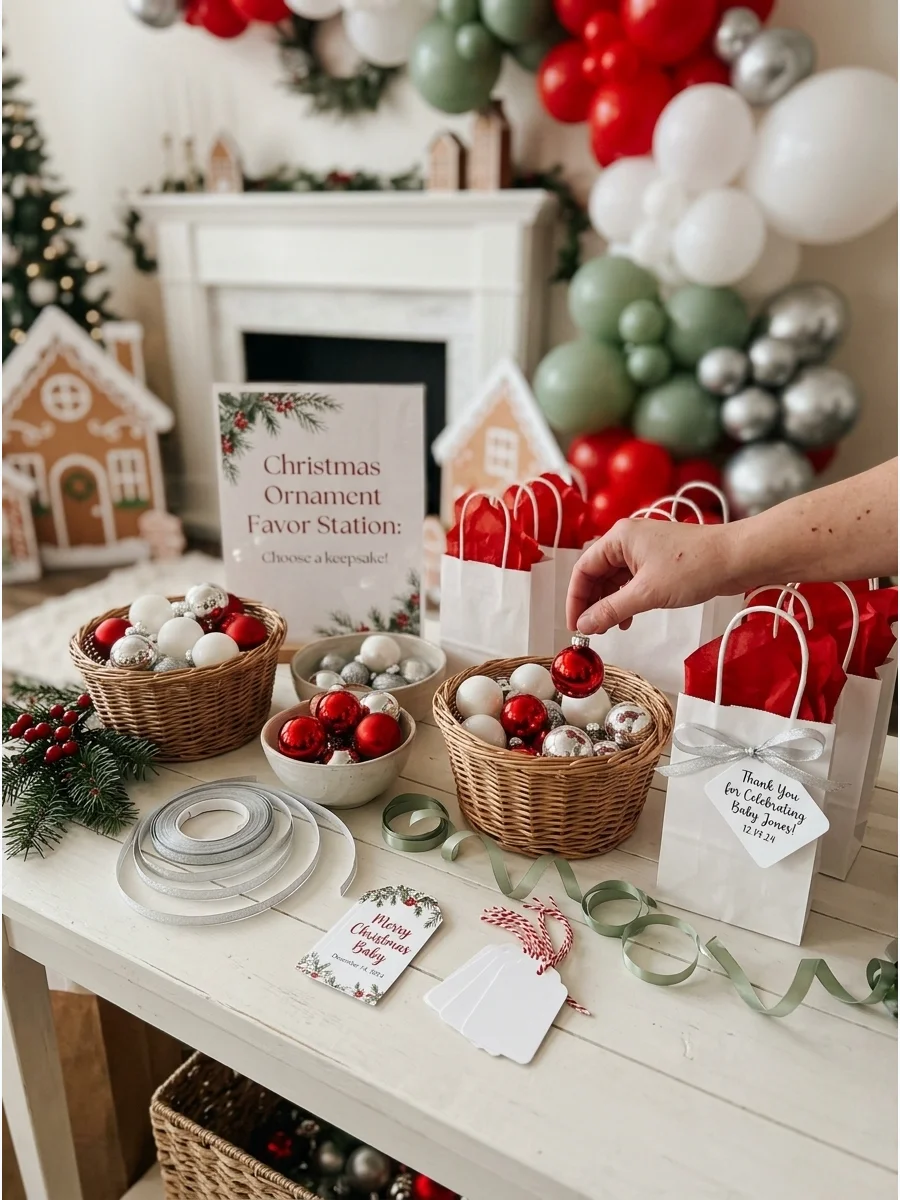 A favor station with baskets of ornaments and silver ribbon.