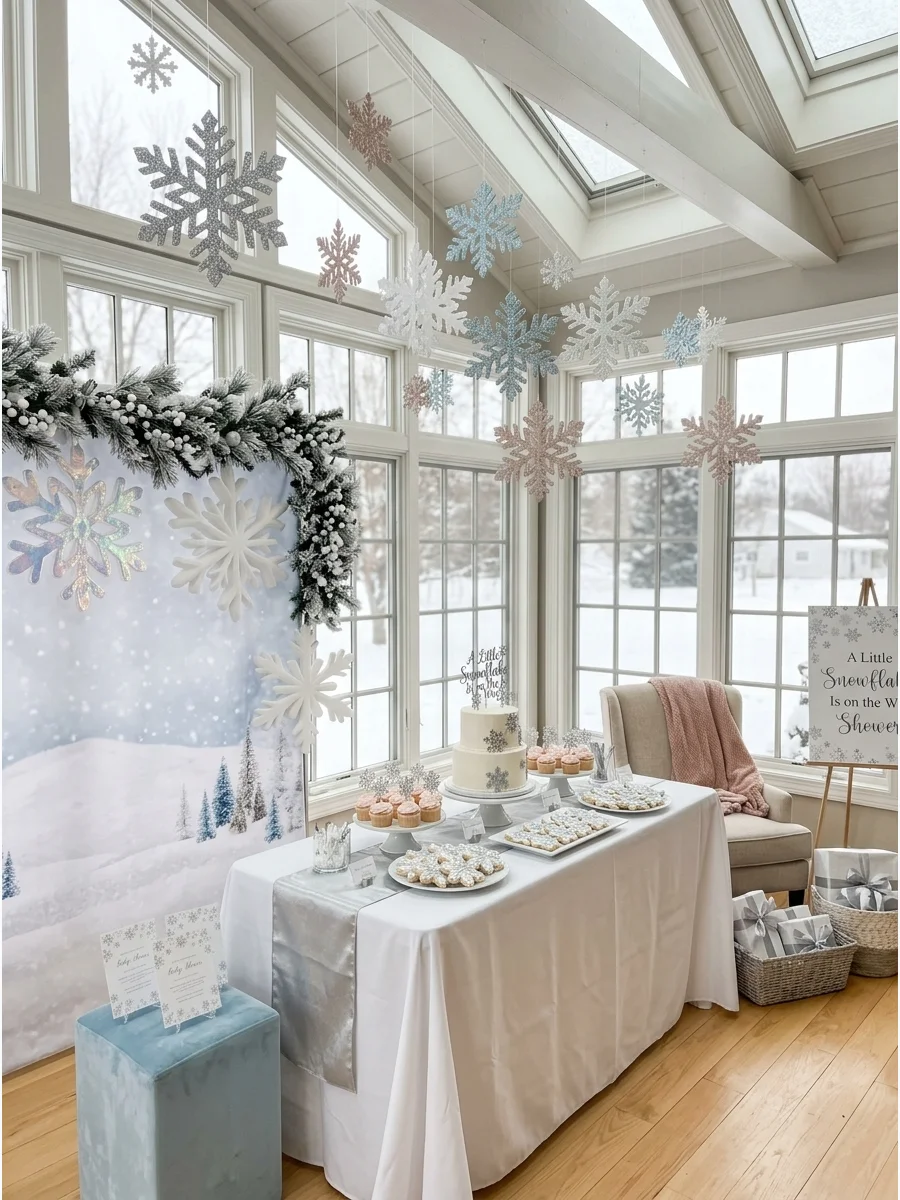 A soft and airy snowflake themed baby shower in a sunroom.