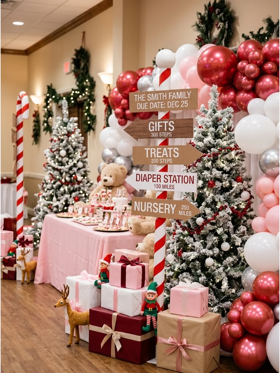 A North Pole themed baby shower with striped poles and directional signs.