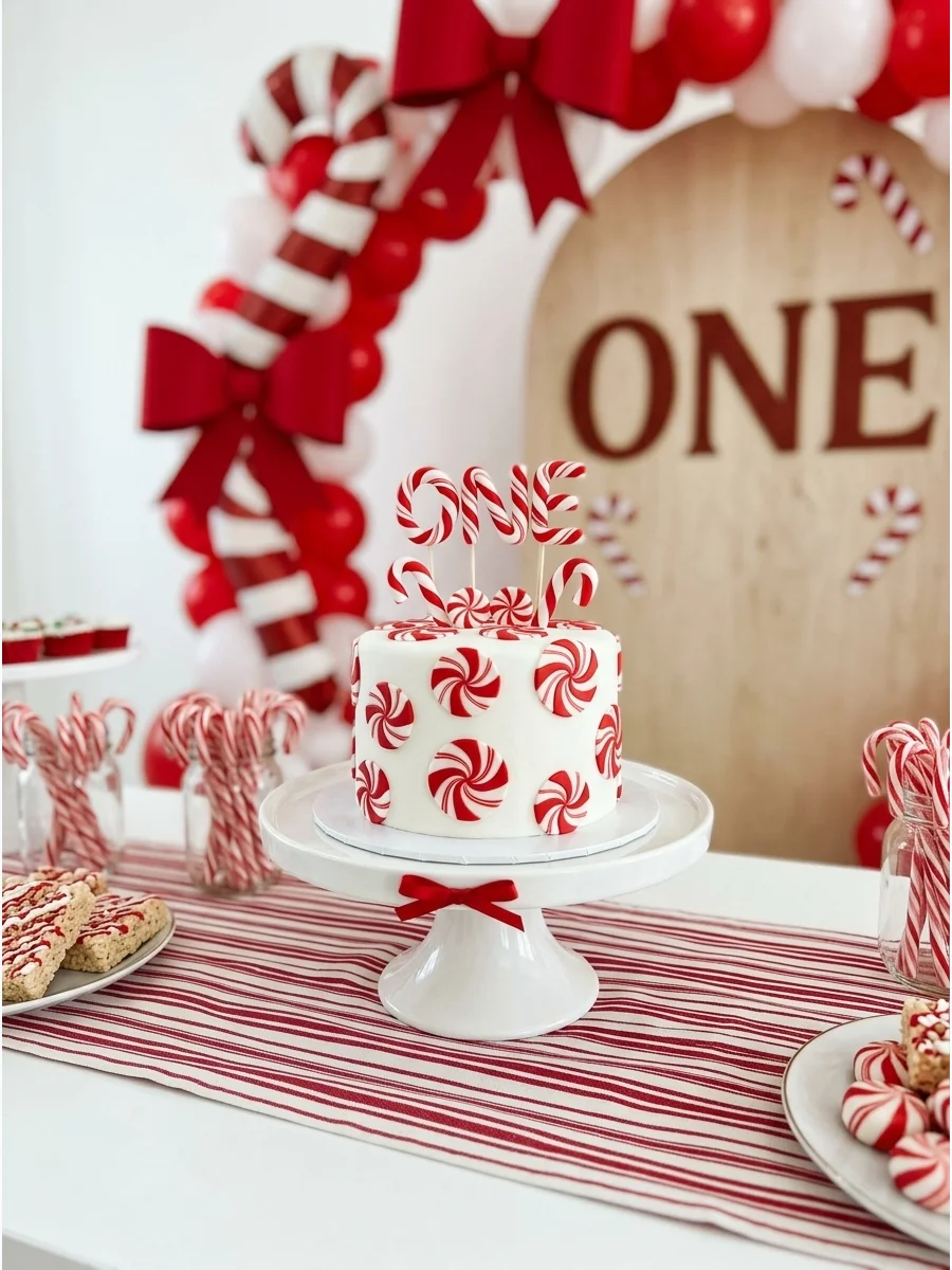 Red and white candy cane themed birthday party with striped balloons.