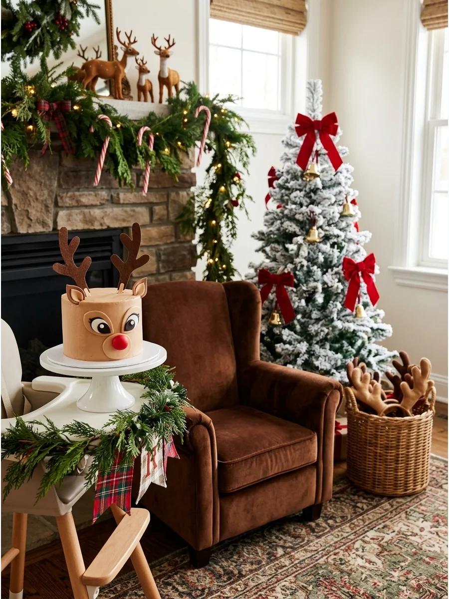Reindeer themed first birthday party with brown velvet accents.