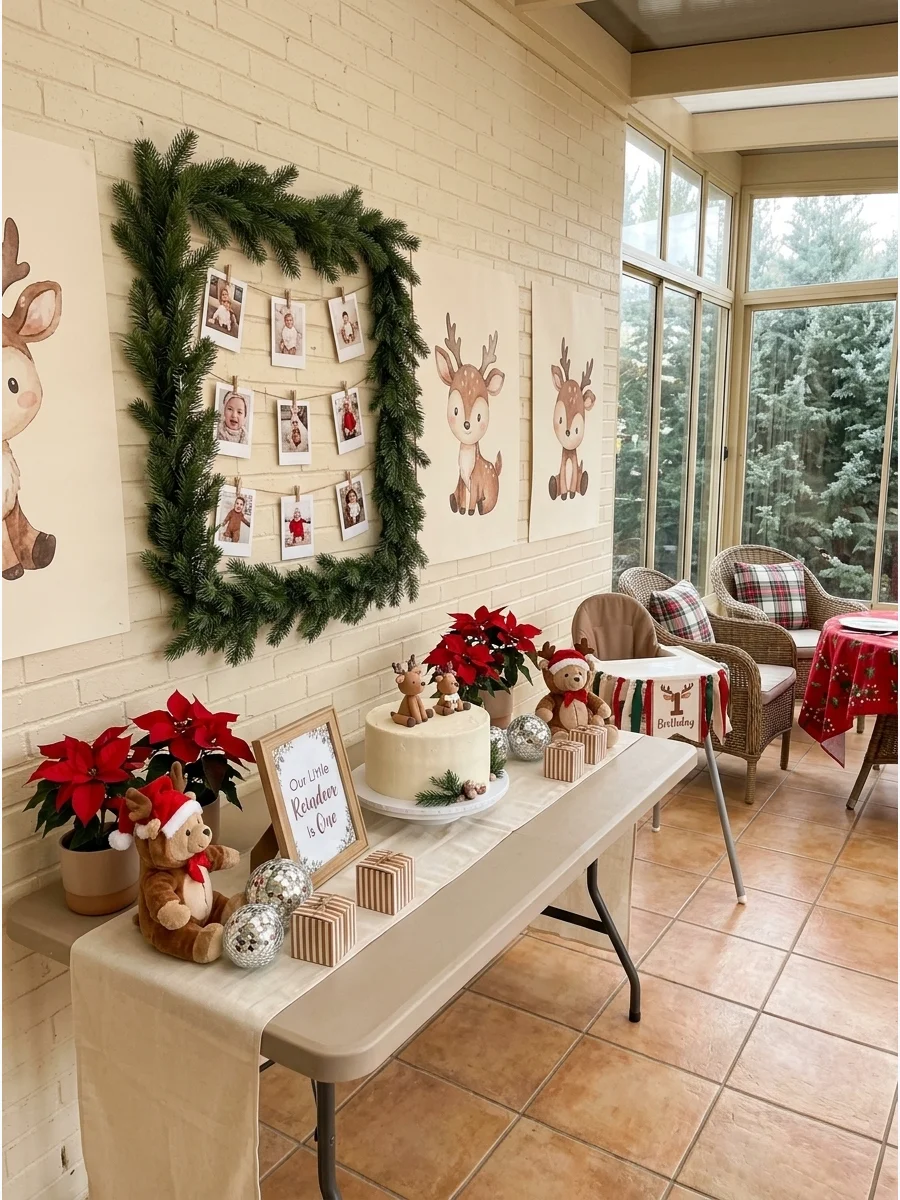 Soft reindeer themed birthday party with cream and evergreen colors.