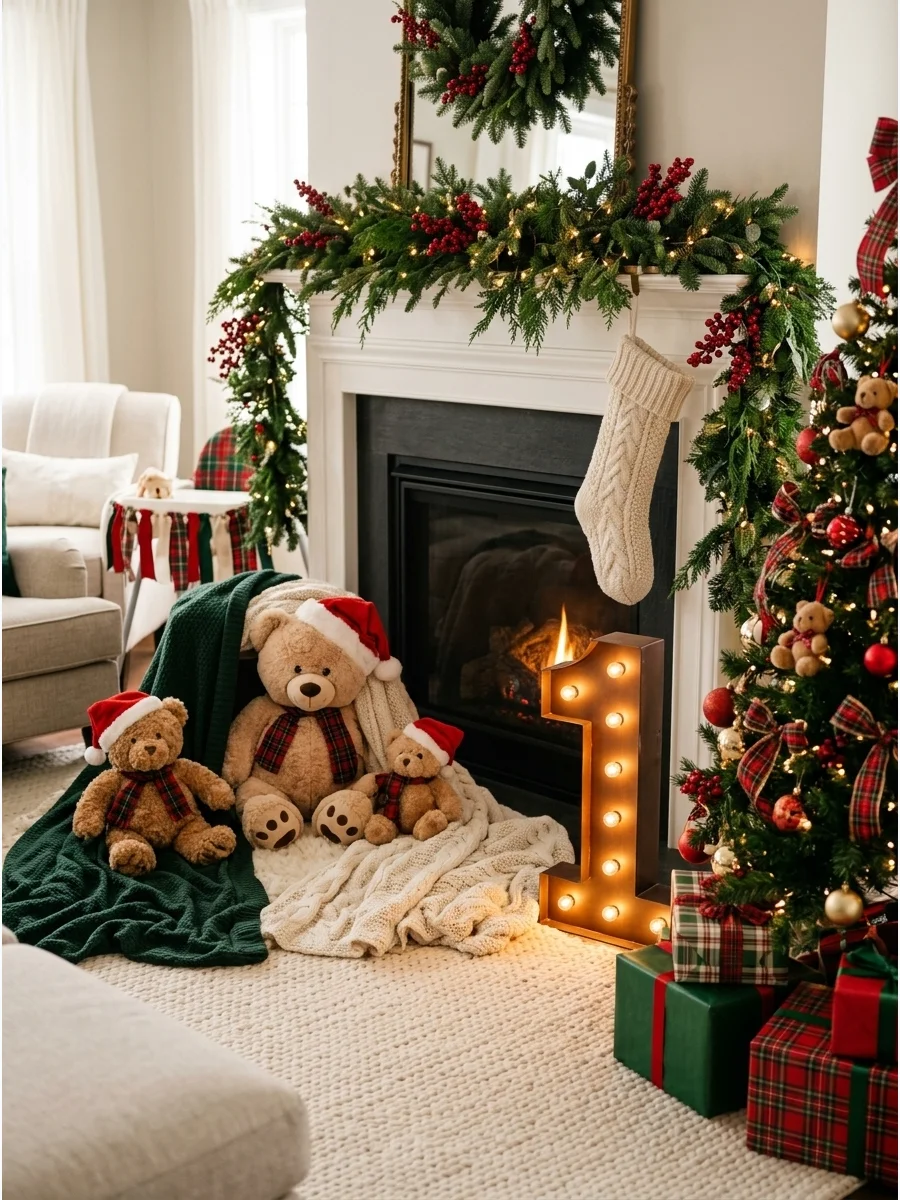 Teddy bear themed Christmas birthday with plaid ribbons and plush toys.
