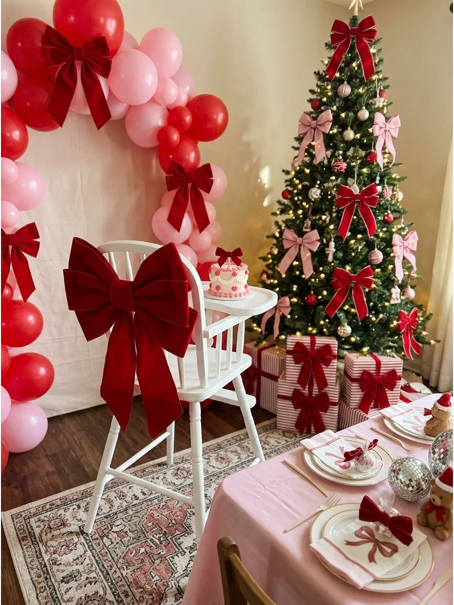 Large red velvet bows used as decor for a first birthday.