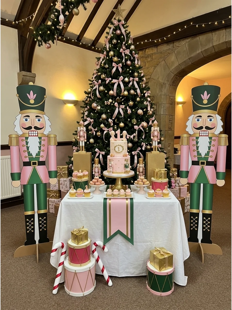 Nutcracker themed birthday party with drum pedestals and soldier cutouts.