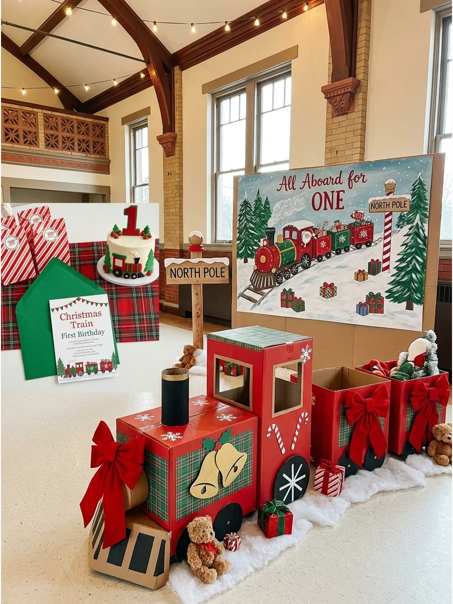 Christmas train themed birthday party with cardboard box train cars.
