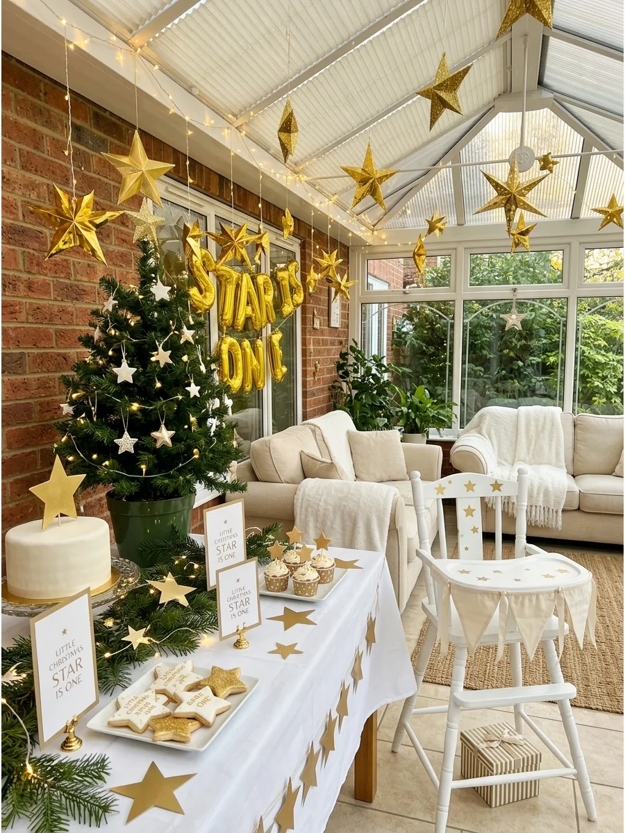 Gold star themed Christmas birthday with white lights and greenery.