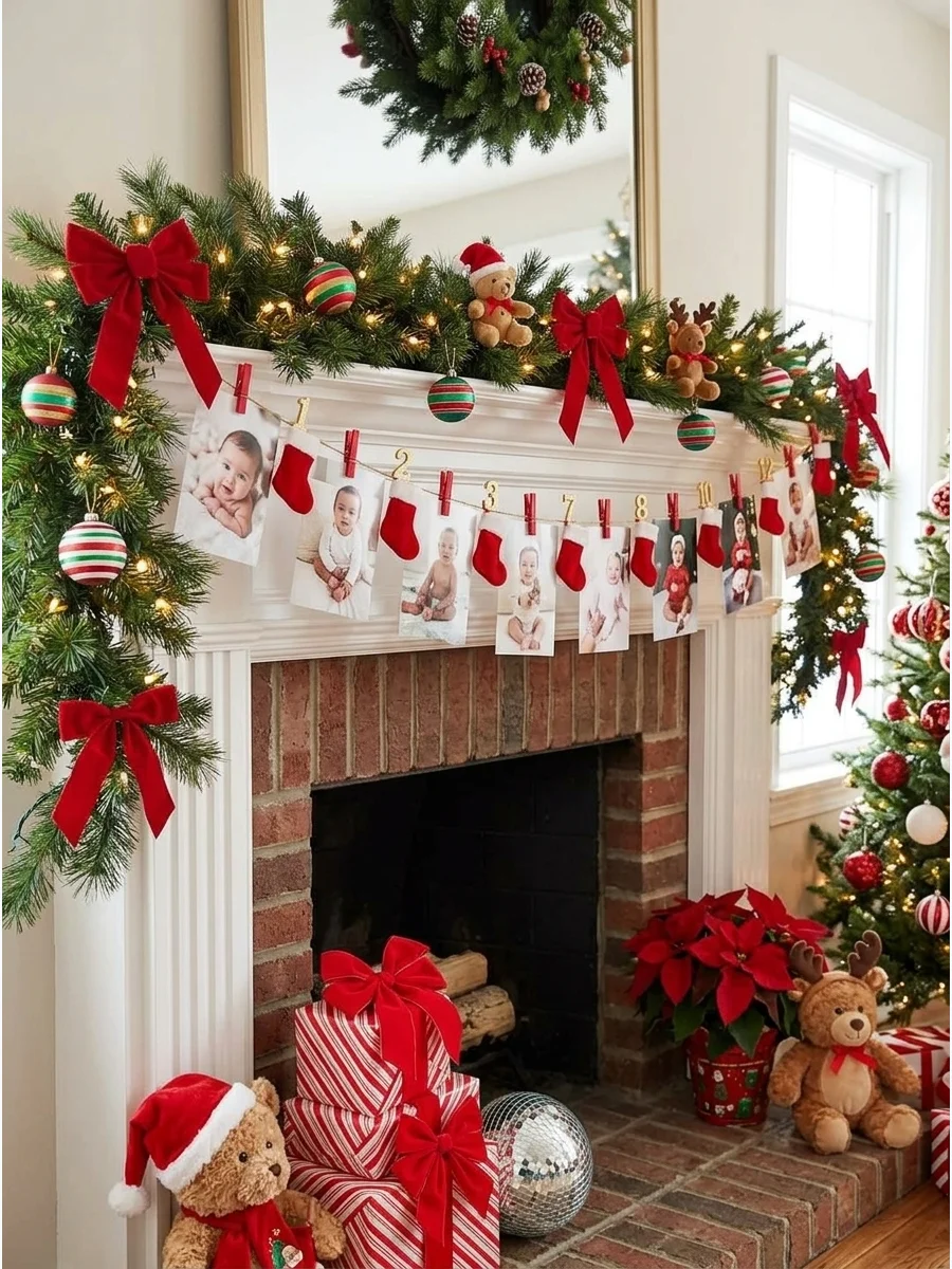 An evergreen garland with twelve monthly baby photos hanging across a white fireplace mantle.