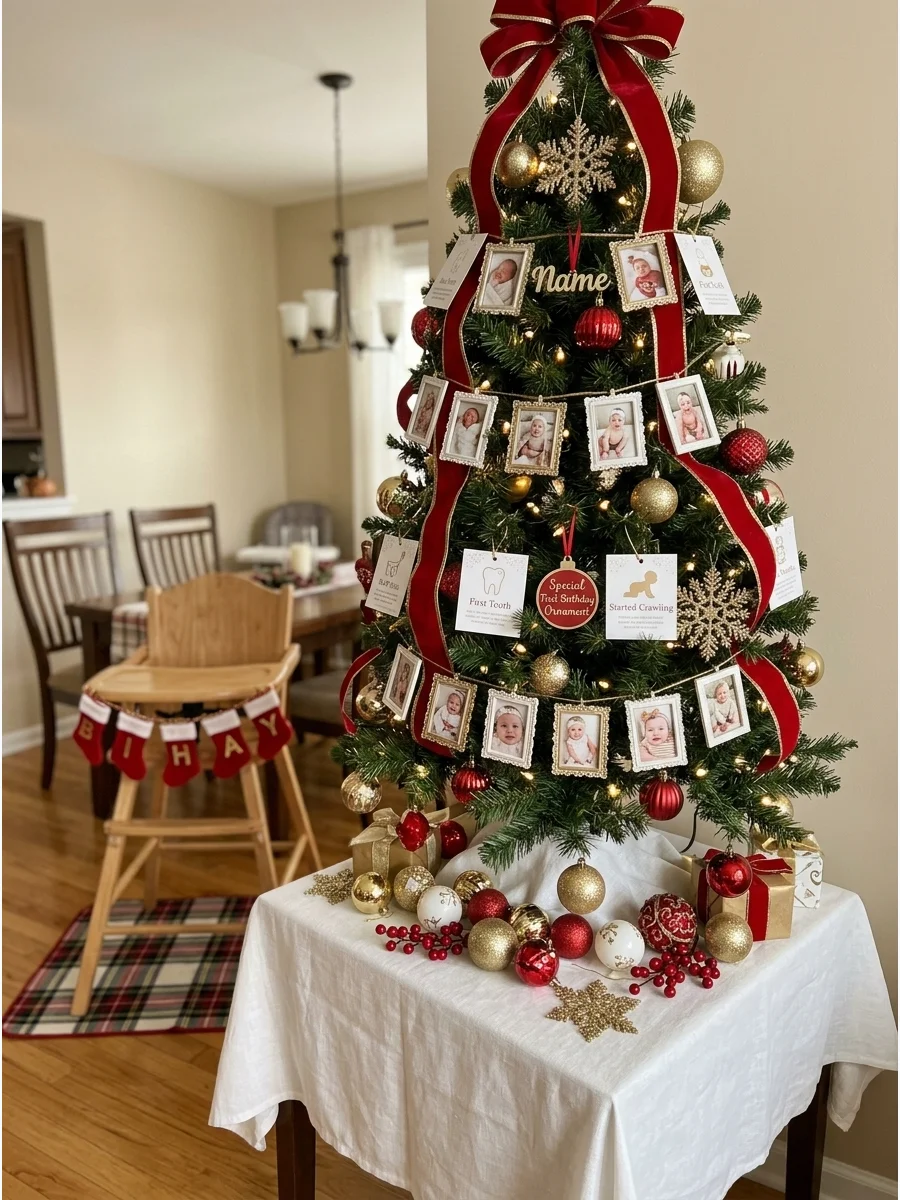 A small Christmas tree decorated with baby milestones and name ornaments for a first birthday.