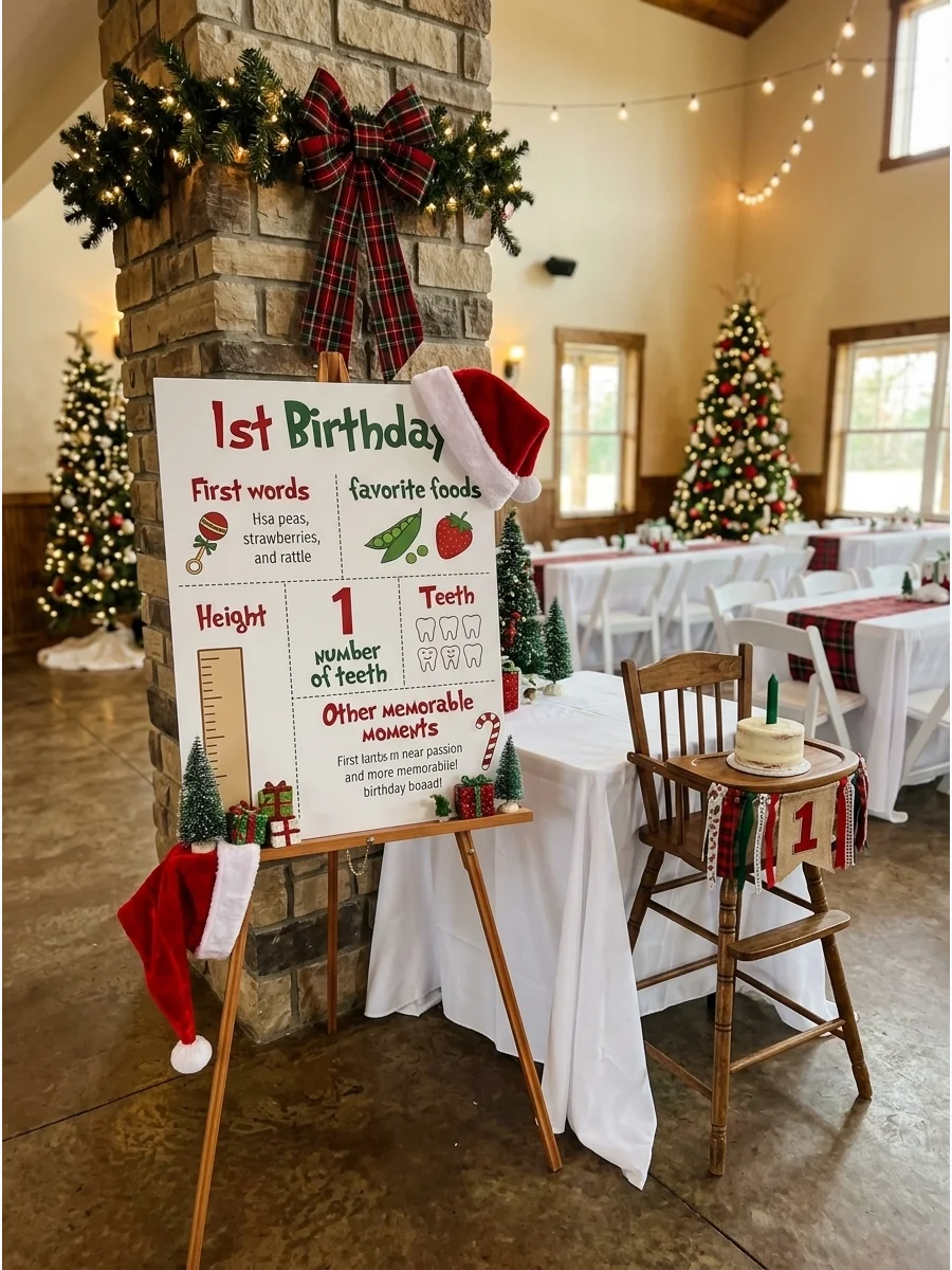 A red and green milestone board listing a baby's first-year achievements at a Christmas party.