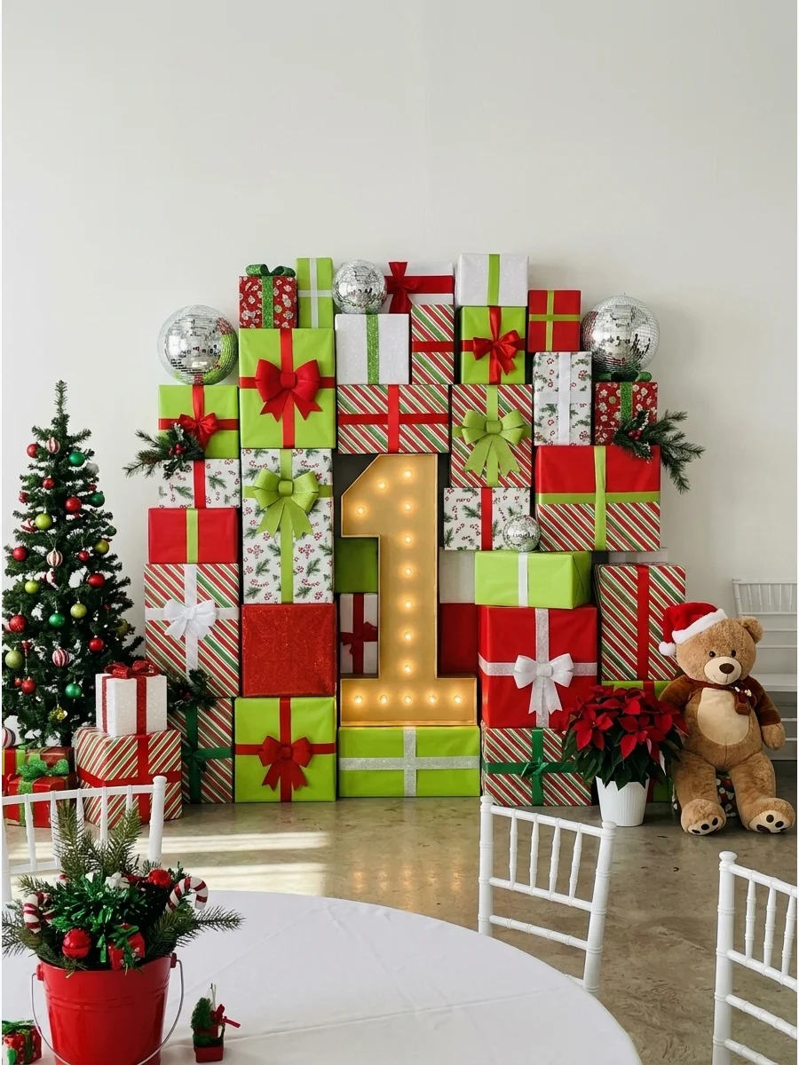 A backdrop made of stacked red and green wrapped gift boxes surrounding a gold number one.