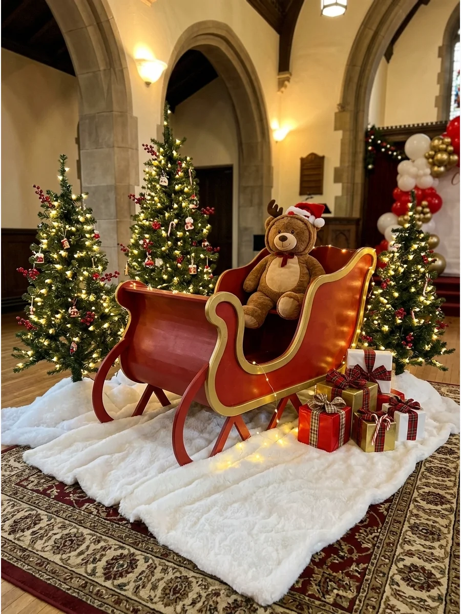A red wooden sleigh photo booth setup with faux snow and lit Christmas trees.