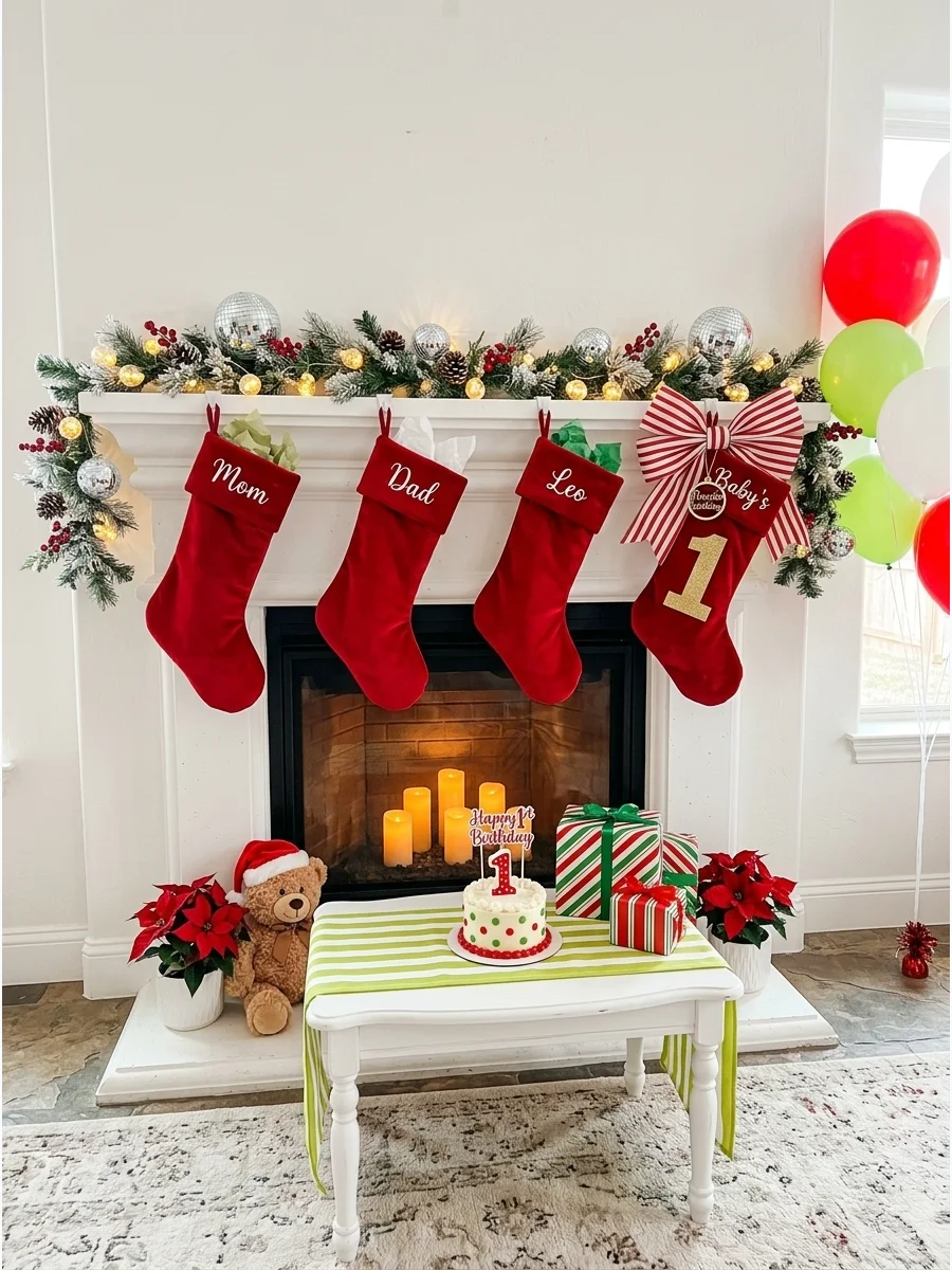 Personalized red stockings hanging on a mantle with a gold number one on the baby's stocking.