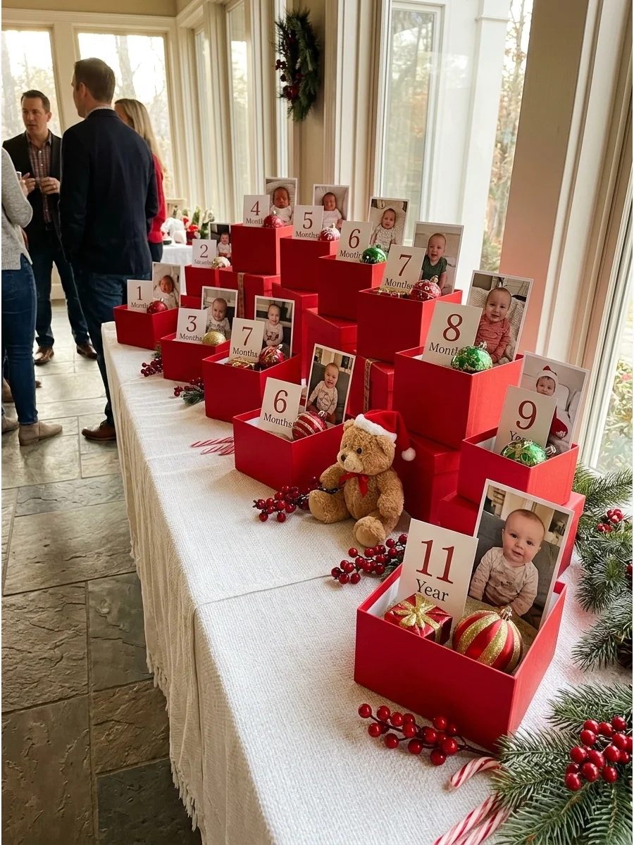 Twelve red gift boxes topped with monthly baby photos arranged on a party table.