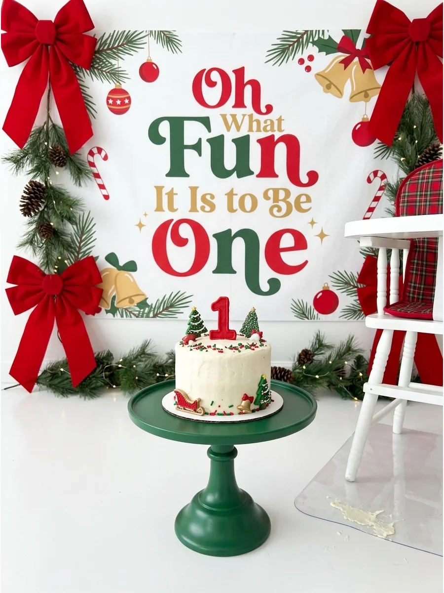 A white smash cake with red accents and a number one topper on a green stand.